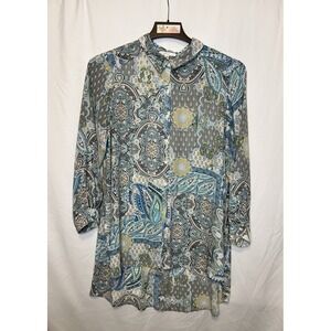 Spense Womens Size 1X Turquoise Gray Blue Lg Sleeve Front Button Tunic-Polyester